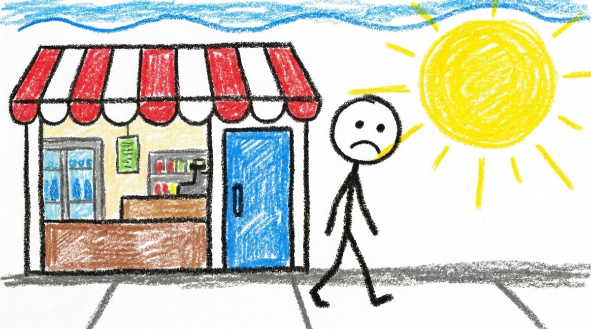 The stick figure walks away from the little shop with a frown; the store is closed.