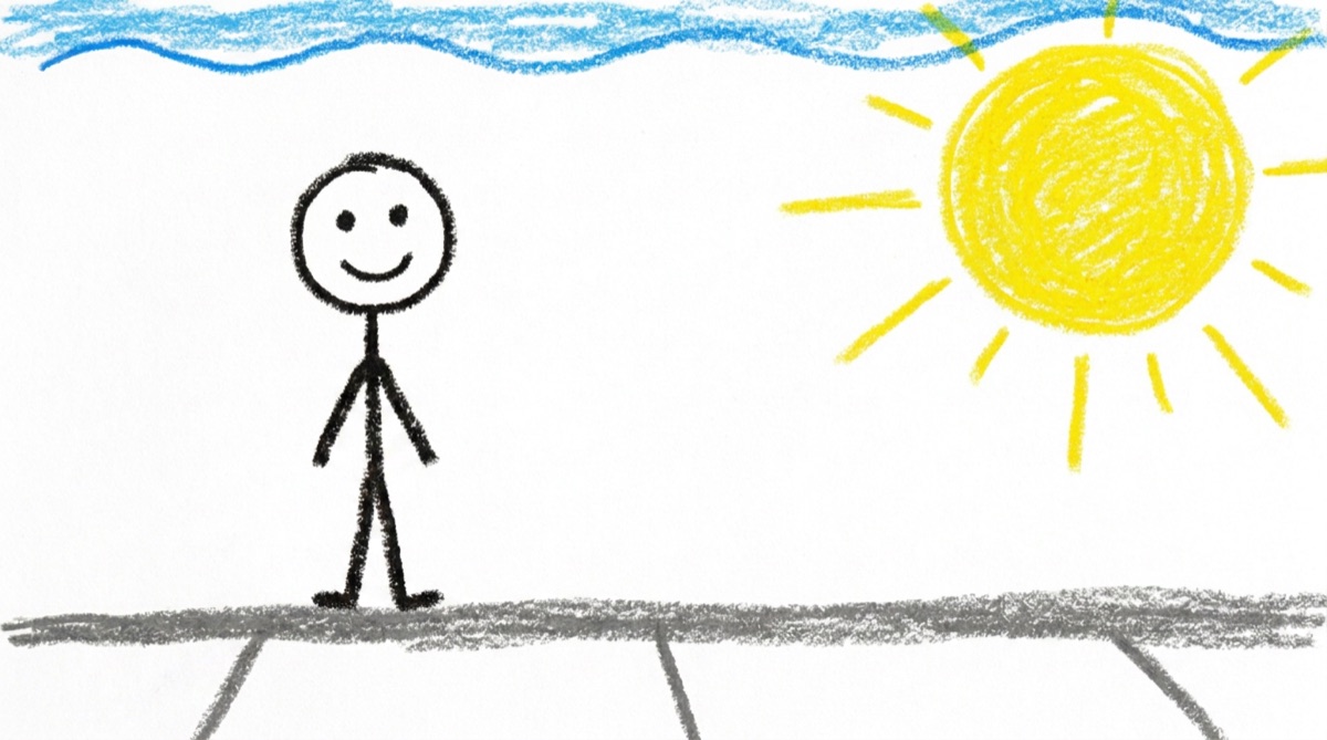 A crayon stick figure smiles under a bright sun on a hot day.