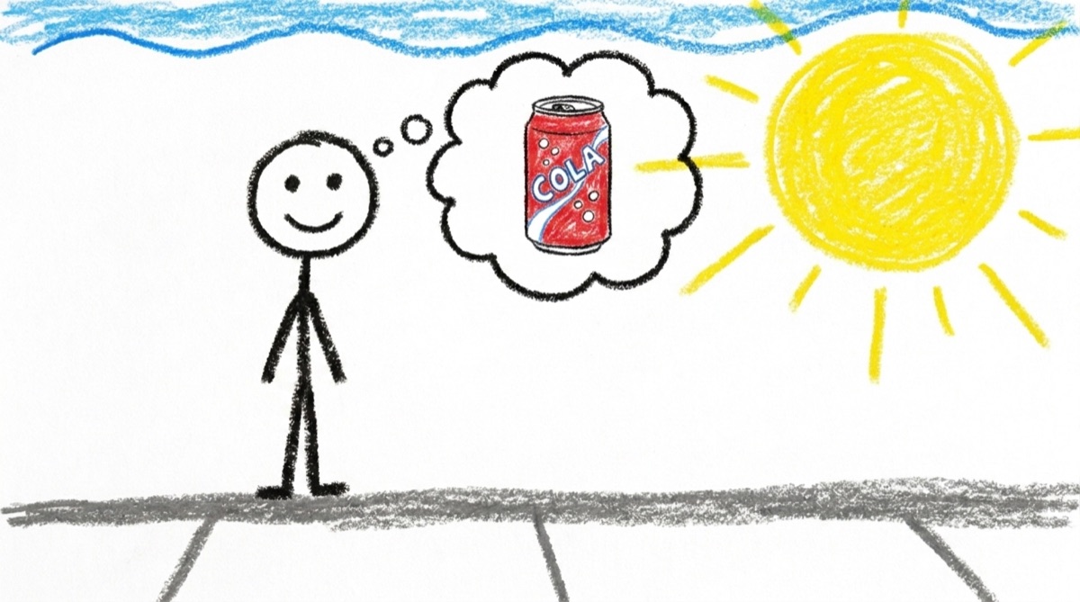The stick figure imagines a cold drink in a thought bubble above his head.